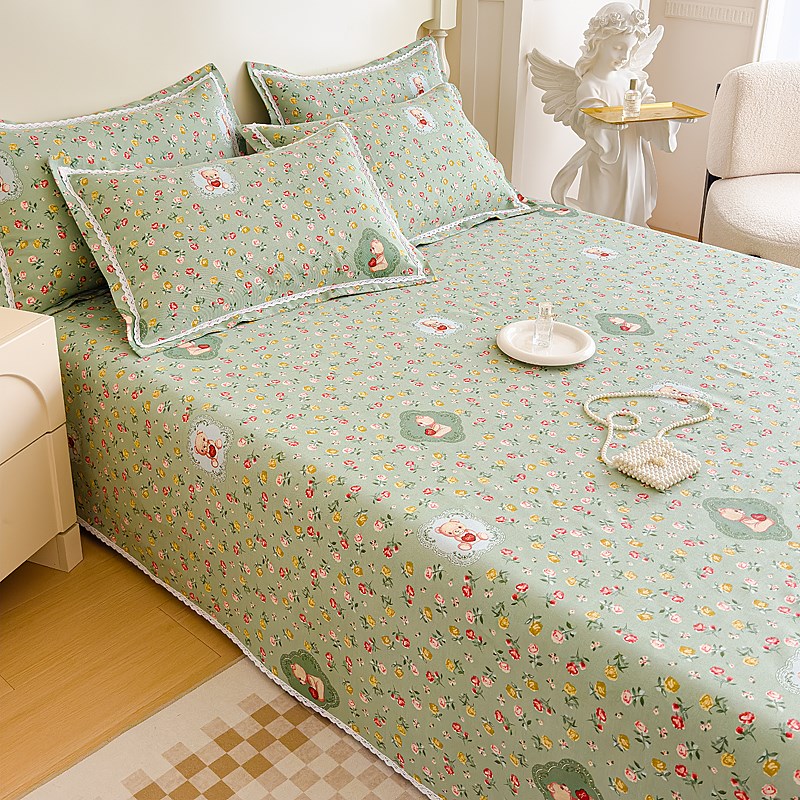 2024新款老粗布床单三件套全棉空调软凉席可机洗加厚花边床盖