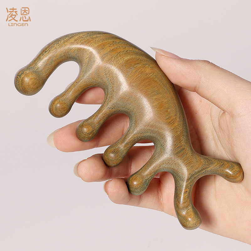母亲节礼物身体按摩梳头部经络梳头疗刮痧绿檀木梳子五齿头皮梳