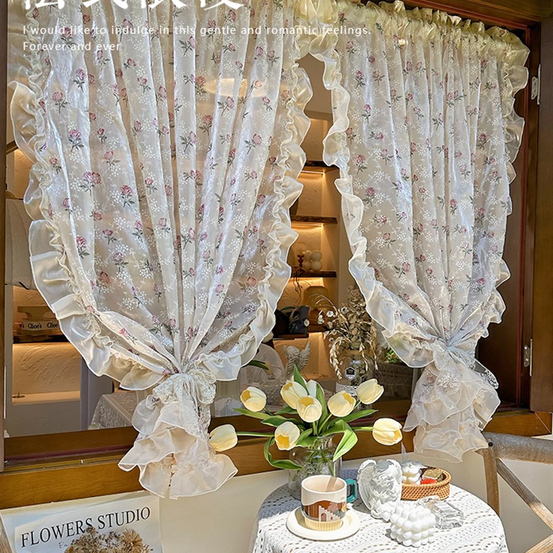 法式细闪鎏金纱荷叶边窗帘公主风复古卧室梦幻纱帘韩式隔断半帘