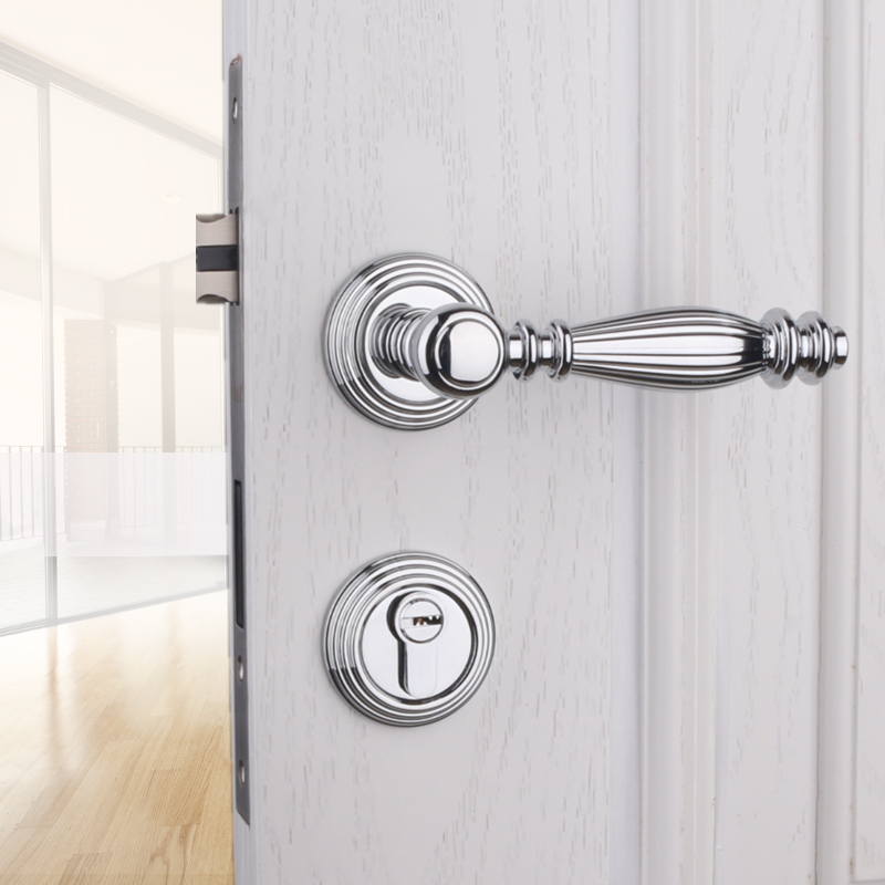 依佰利美式银色门锁复古法式门把手欧式亮光镀铬卧室内静音房门锁