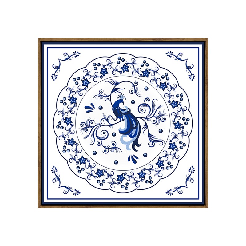 家居明清古典装饰画新中式孔雀青花瓷纹墙壁挂画卧室沙发蓝色抽象图片