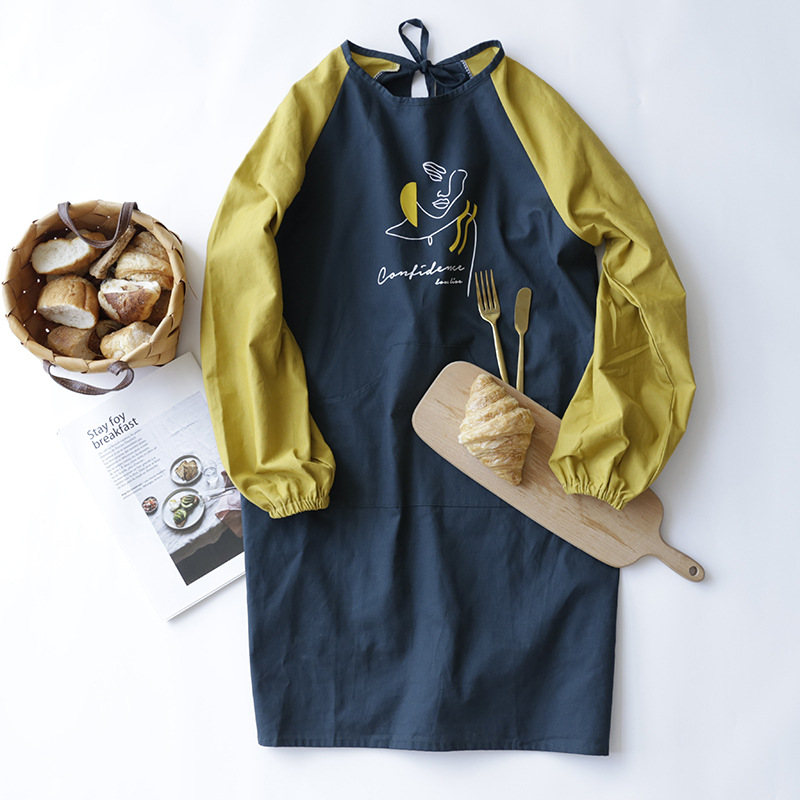 围裙家用厨房防水长袖罩衣家务做饭男工作服棉布全可爱日式女时尚