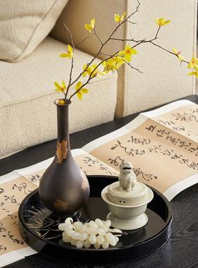 宫廷风中式茶几装饰品拍摄道具白色陶瓷茶具复古风烛台圆托盘摆件