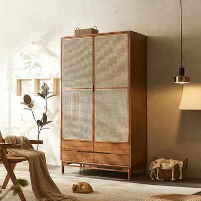 家用日式复古藤编衣柜组合中古侘寂风实木双门储物衣橱小户型卧室