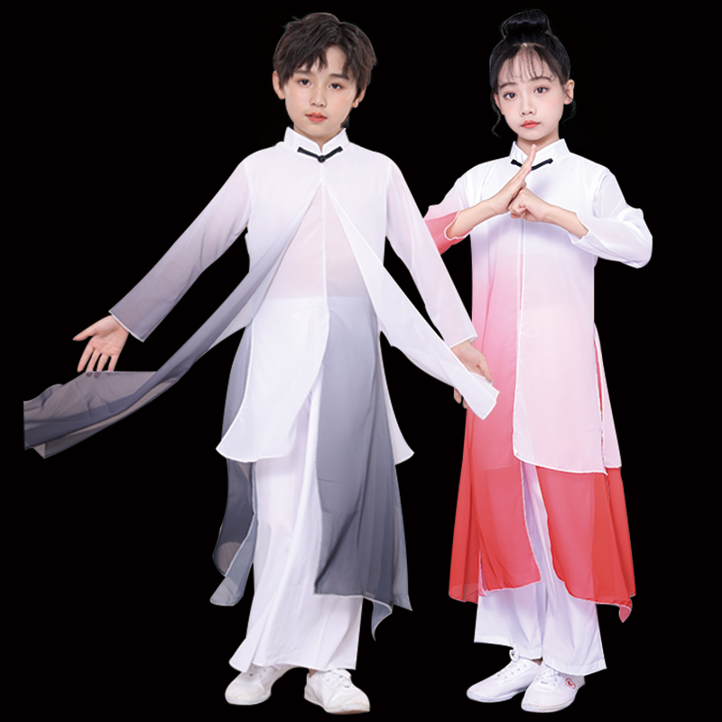 儿童古典演出服男女中国风太极舞蹈D服水墨舞剑少年强扇子舞服飘