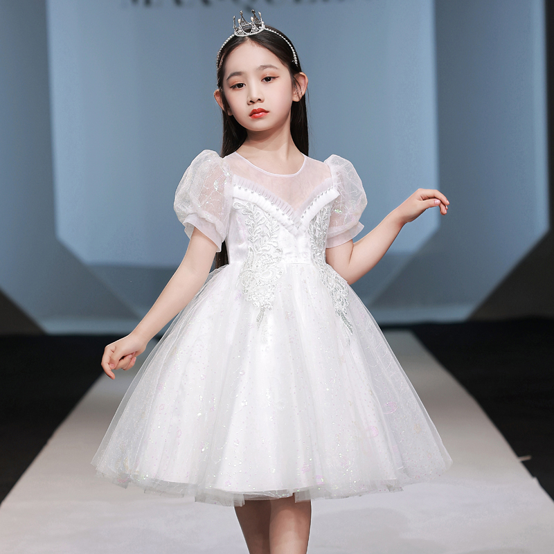 女童公主裙钢琴演出服六一白色主持人F儿童礼服花童小女孩婚纱裙