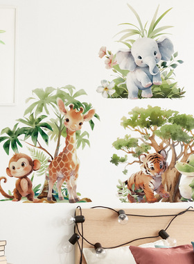 森林小鹿儿童房可爱贴纸大象热带雨林动物贴纸长颈鹿墙贴 69060