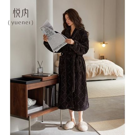 悦内睡袍女睡衣秋冬款冬季珊瑚绒加厚加绒K法兰绒保暖大码长款浴