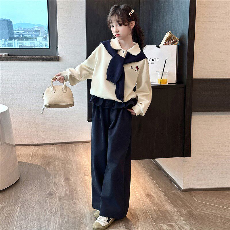 女童秋装休闲套装2025新款洋气春秋披肩卫衣学Q院风女孩阔腿裤两