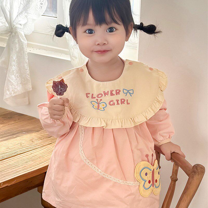 纯棉女童可拆卸领时尚防水罩衣婴幼宝宝吃饭O围兜防脏护衣围裙护