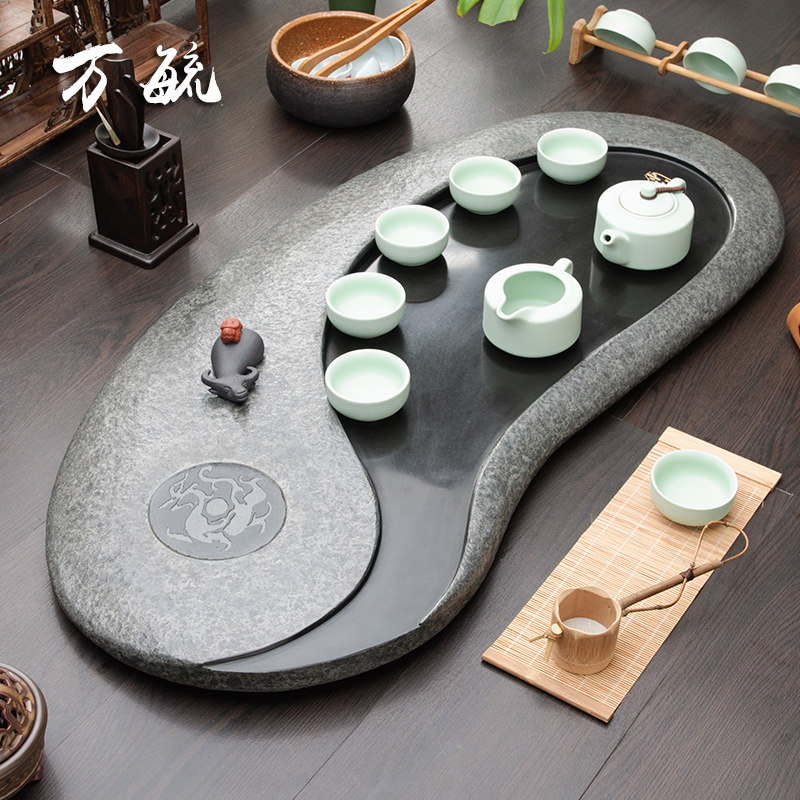 万毓乌金石茶台整块石头茶盘家z用办公茶具托盘大号天然原石茶海