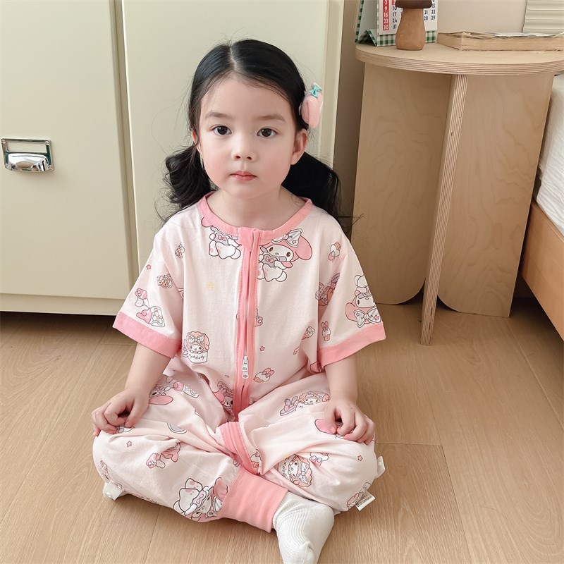 宝宝睡袋夏季短袖纯棉儿童u薄款透气连体睡衣婴儿空调房分腿防踢