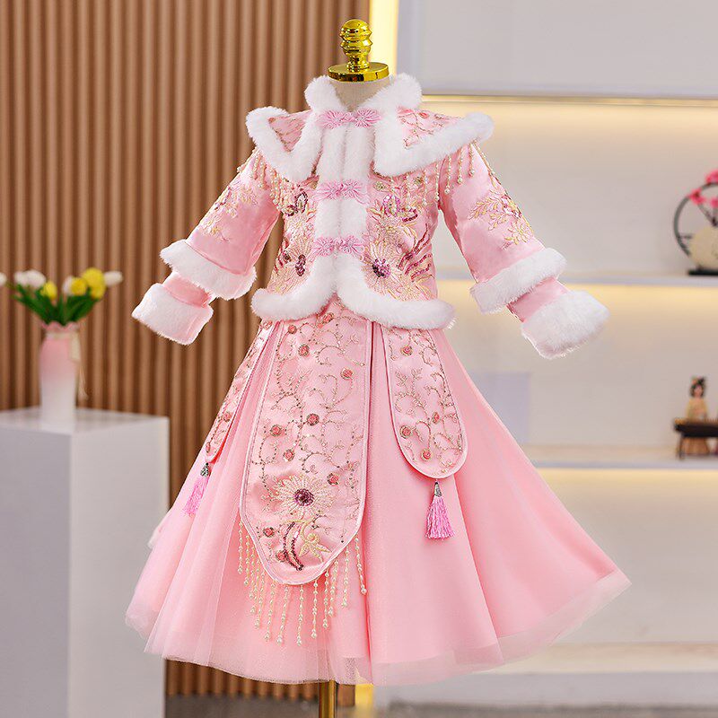 女童汉服秋冬装儿童装冬季加绒公主连衣裙子套装新Q年衣服2024新