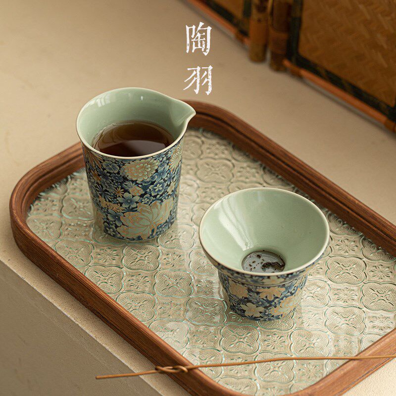 汝窑繁花公道杯三件套茶漏茶滤分茶器茶滤网一体陶瓷公Z杯茶具配