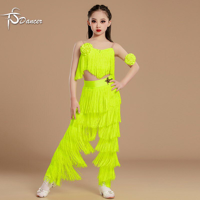 拉丁舞流苏舞蹈裤子女国标舞专业黑色成年少儿P练功服网红伦巴套