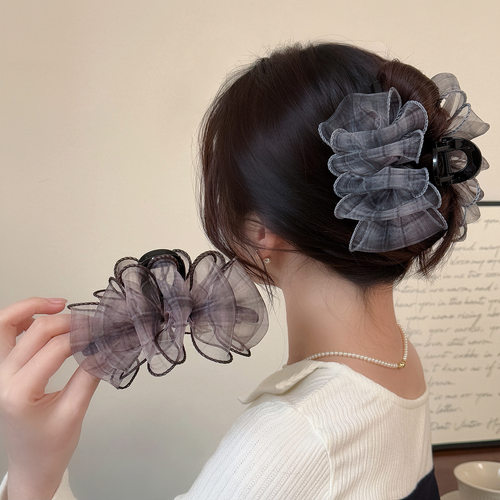雾纱褶皱蓬松泡泡抓夹少女韩版显发量鲨鱼夹时尚百搭盘发头饰发夹