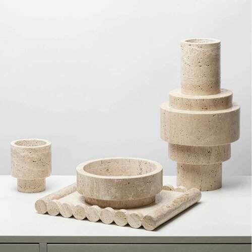 侘寂风大理石黄洞石花瓶碗盆托盘客厅样板房台面收纳展示装饰摆件