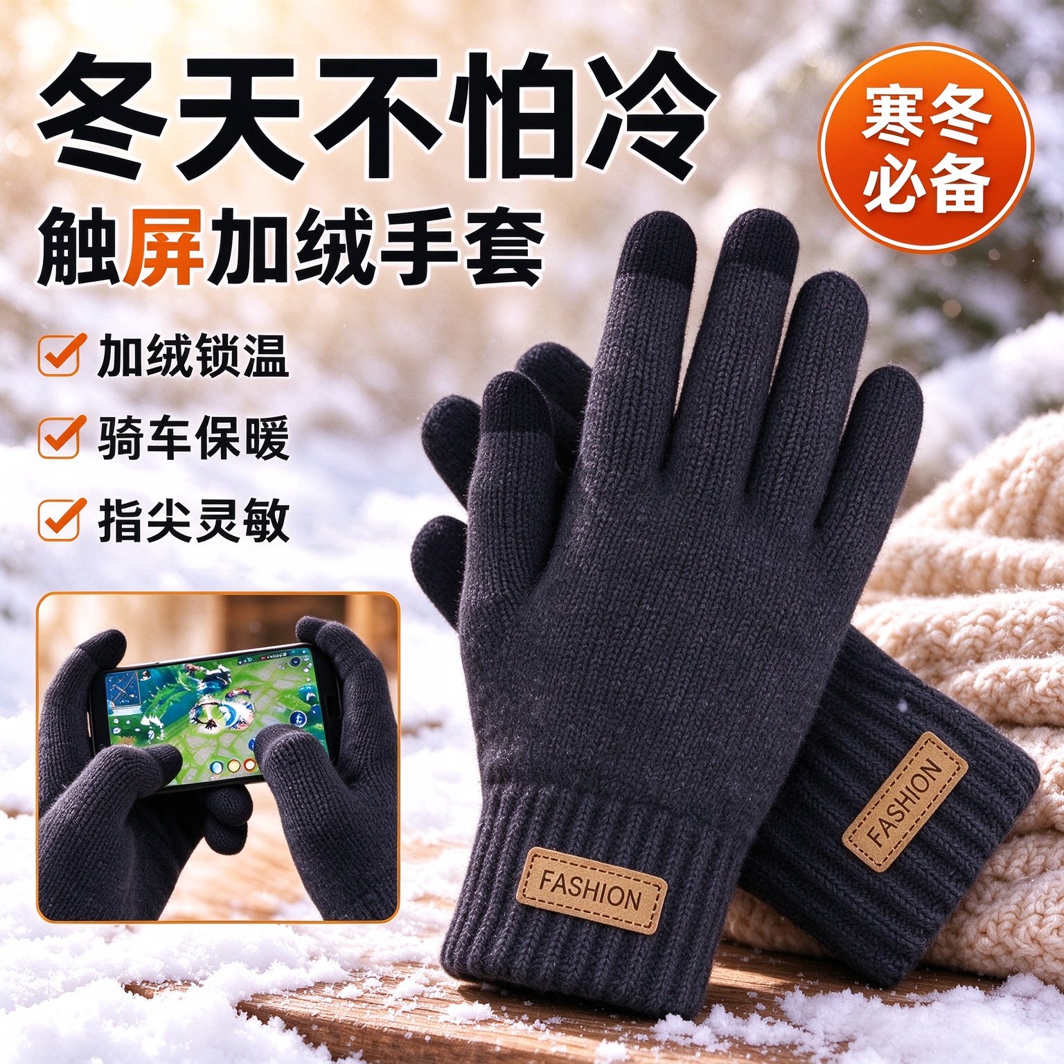 冬季毛线手套针织可触屏情侣男女士冬天骑行滑雪运动加绒防寒保暖