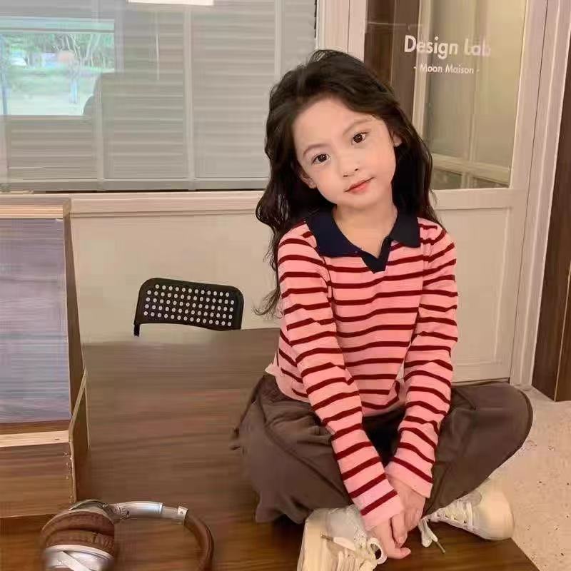 儿童长袖T恤2025新款女童上衣洋气POLO领条纹宽松薄款长袖T打底衫