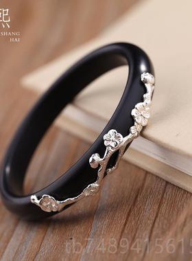 正品熙素原创檀木镯手纯银梅花镶嵌天檀然黑木镶银手镯手环女饰品