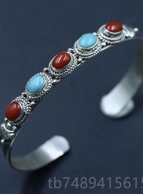 正品度尼泊尔手925银饰品镶嵌绿松覆石手镯女手环工 开口印古民族