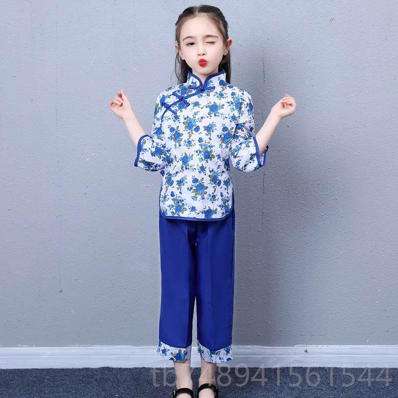 正品女村姑演出服装儿童童茶女长民袖小碎花阿庆嫂花布族舞采蹈乡