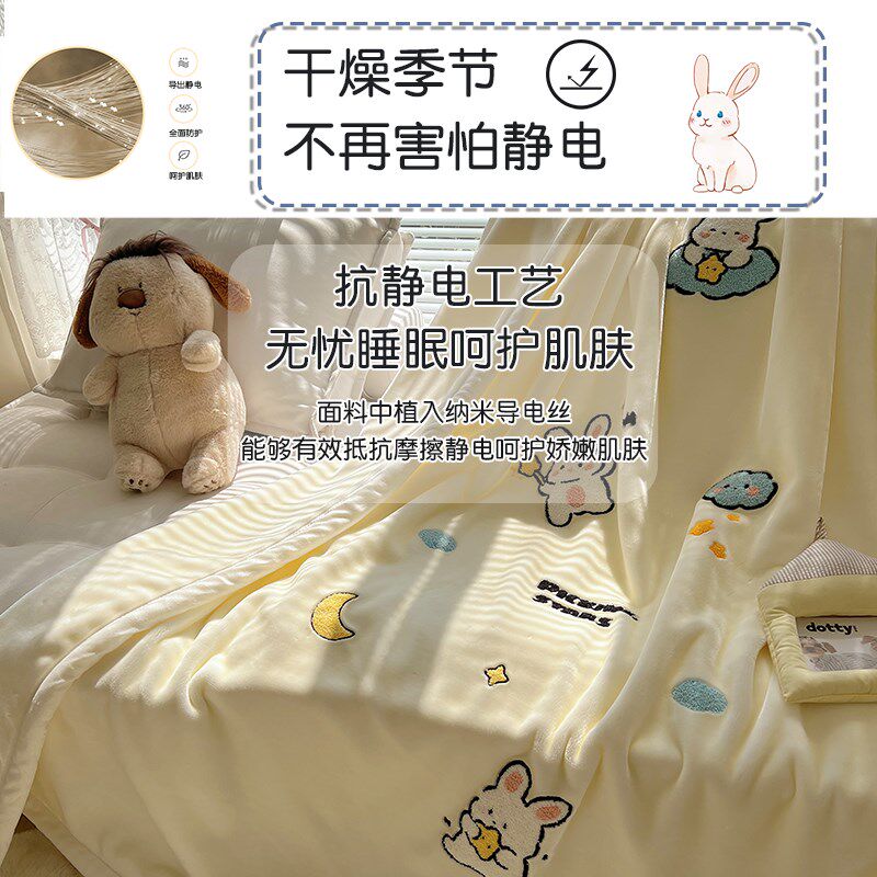 云朵绒双层加厚盖毯卡通绣花毛毯办公室午睡毯单人空调毯沙发毯子