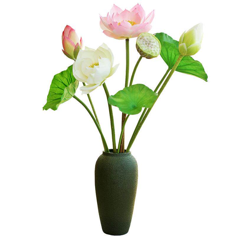 仿真荷花pu带杆荷叶荷花单枝装饰假花水池水面莲花绢花莲蓬大荷