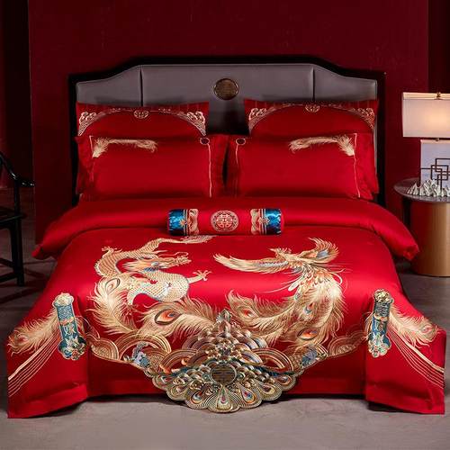 中式婚礼龙凤婚房四件套100S长绒棉重工刺绣大红色结婚被套床单