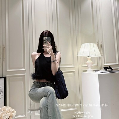 【半香缇卡】黑色高级感显瘦羽毛无袖背心上衣女复古喇叭微喇长裤