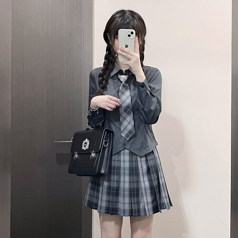 JK制服衬衫女长袖秋冬甜美白色衬衣学院风辣妹套装韩式收腰灰上衣