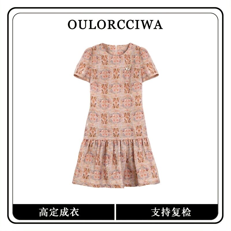 夏季法式小香风印花收腰连衣裙
