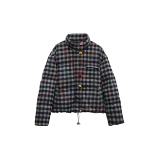 2025秋冬新款 复古格纹彩色纽扣立领短外套女宽松保暖外套ZW