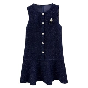 711 连衣裙女金属扣荷叶边优雅千金风OLQW 2025秋冬新款 小香风无袖