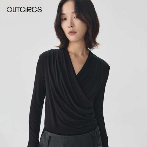 OUTCiRCS秋季V领堆褶长袖T恤