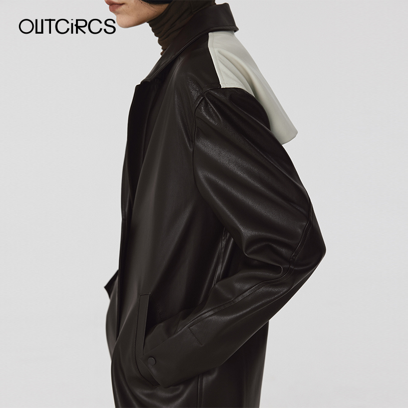 OUTCiRCS撞色后挡风PU皮风衣秋冬