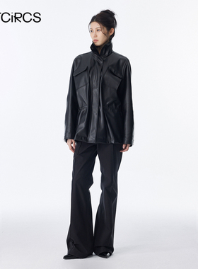 OUTCiRCS抽绳PU皮猎装夹克 高级感2025秋冬新款简约廓形休闲宽松