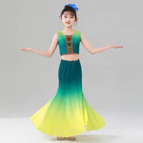 高档儿童傣族舞蹈裙演出服女童孔雀舞鱼裙包大摆裙尾练裙少习数臀