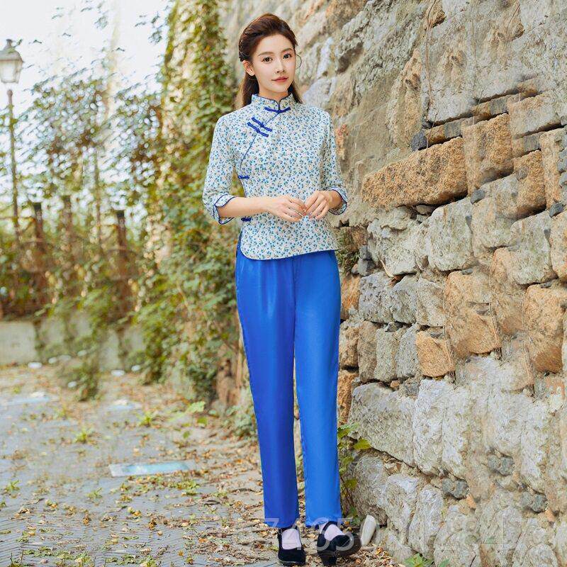 高档新款村姑乡服装女碎花衣服茶舞蹈采服村演风怀旧农村阿庆嫂出