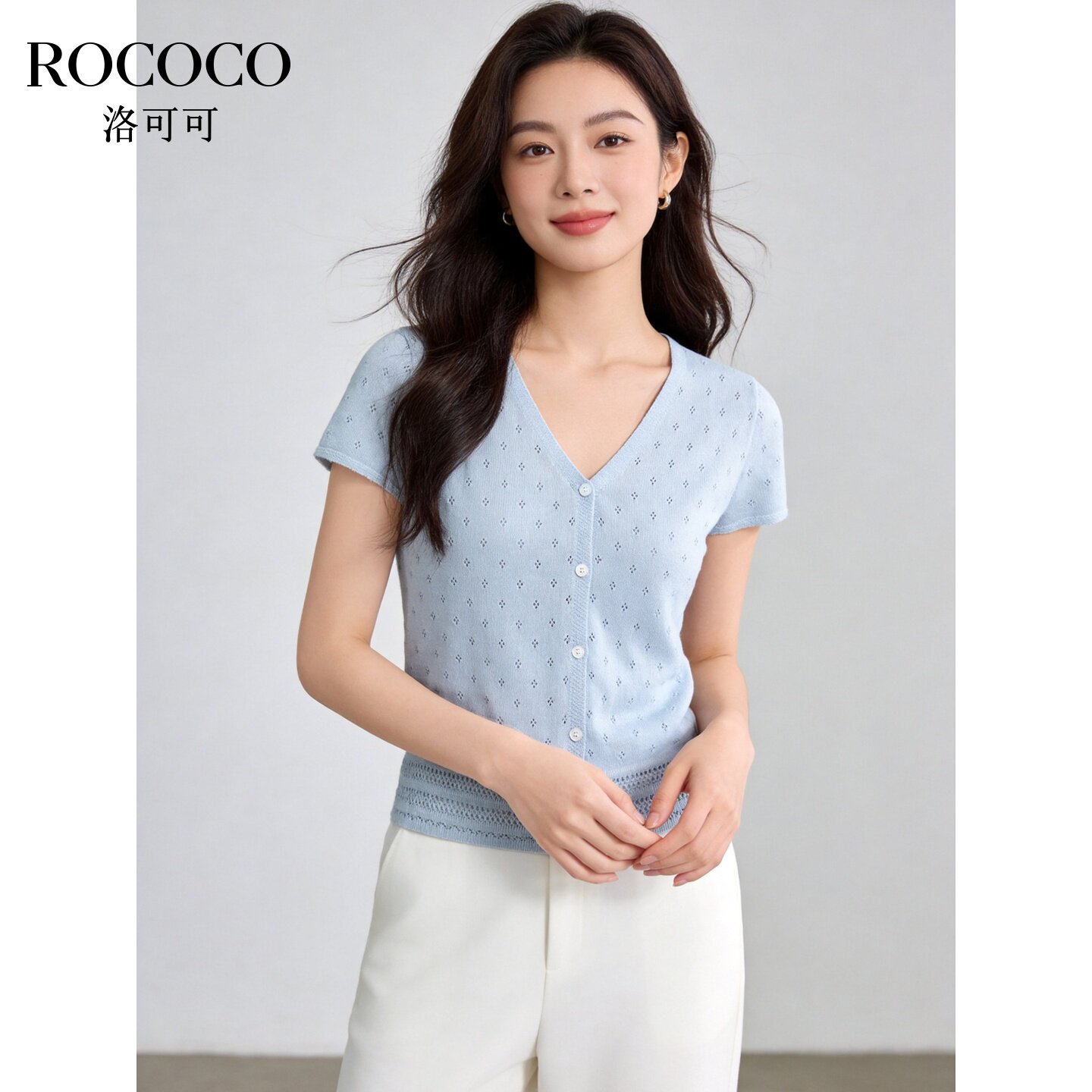 ROCOCO/洛可可V领镂空短袖T恤女白色宽松套头短款上衣针织衫
