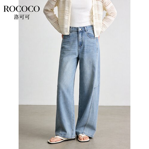 ROCOCO/洛可可蓝色高腰亮钻设计剪裁牛仔裤女夏宽松阔腿裤