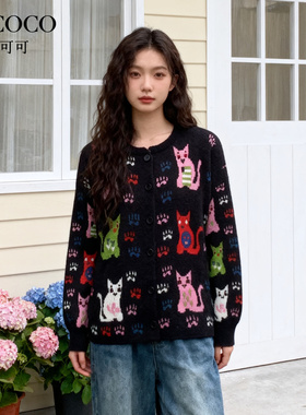 ROCOCO/洛可可复古猫咪印花针织开衫女黑色宽松慵懒风毛衣外套