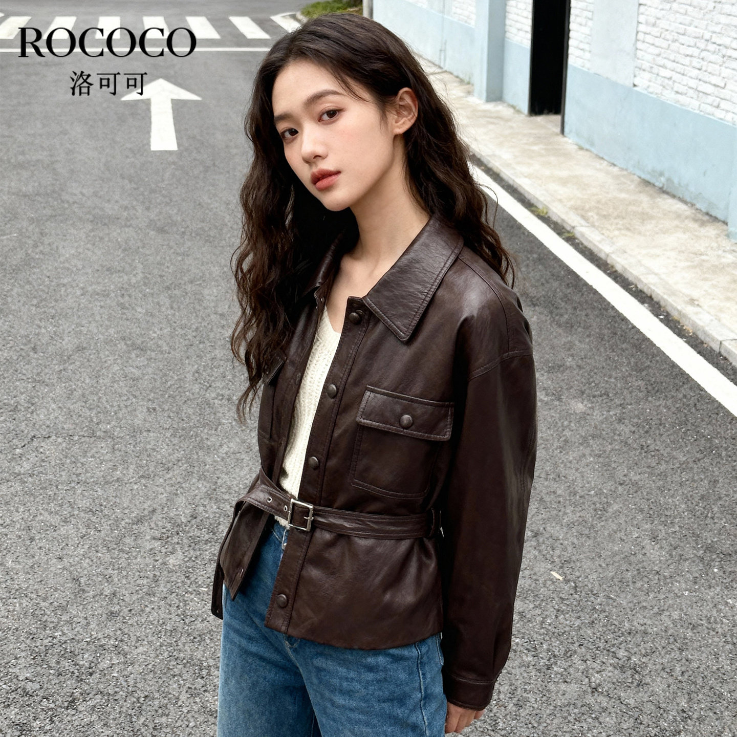 ROCOCO/洛可可2025复古港风短款收腰绑带PU皮夹克女时尚百搭外套