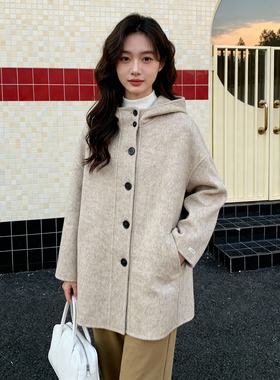 ROCOCO/洛可可2025冬新款连帽双面呢外套女宽松单排扣羊毛呢大衣