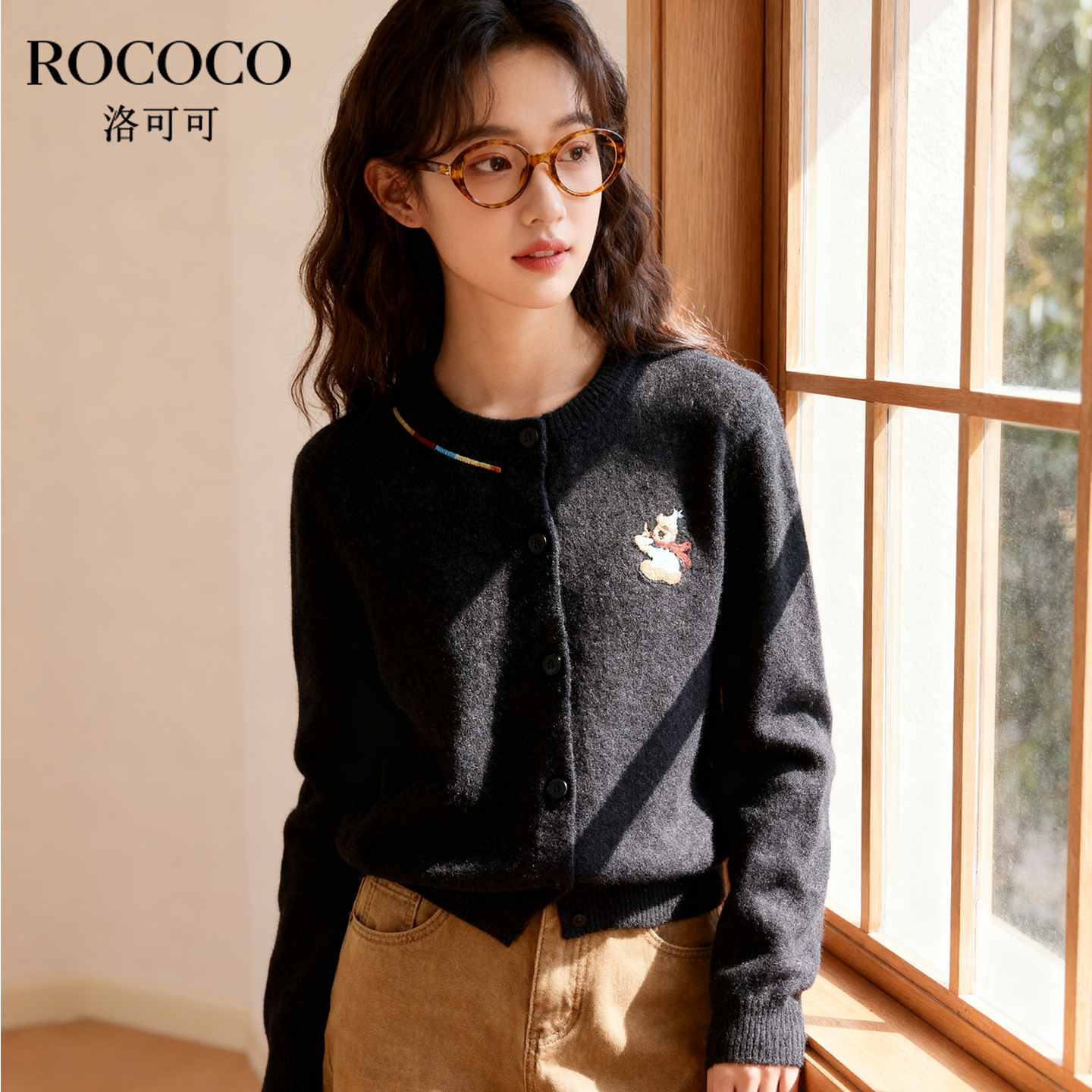 ROCOCO/洛可可 甜美卡通减龄小熊刺绣羊毛衫圆领百搭新款长袖上衣