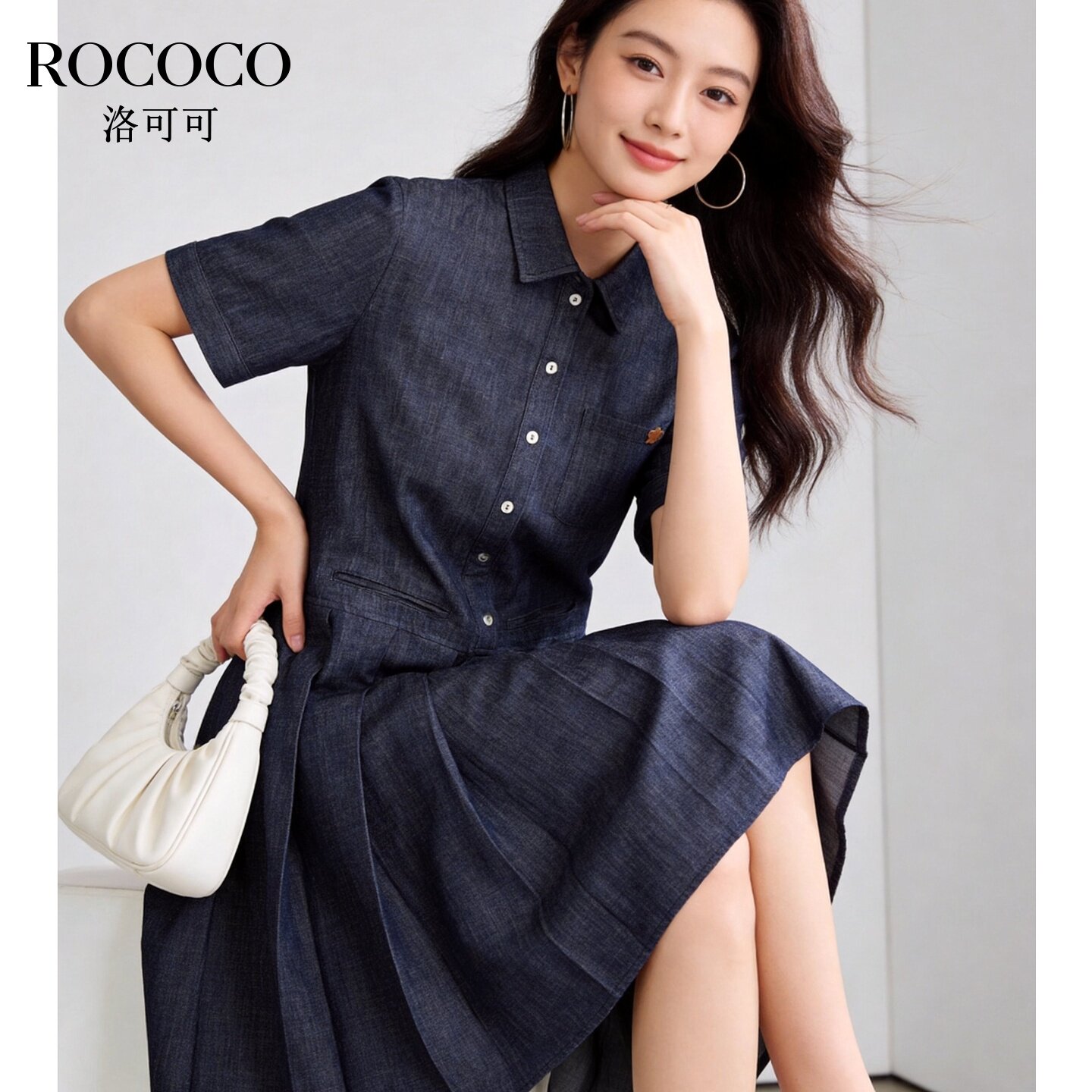 ROCOCO/洛可可学院风牛仔衬衫连衣裙女夏新款亚麻中长百褶裙