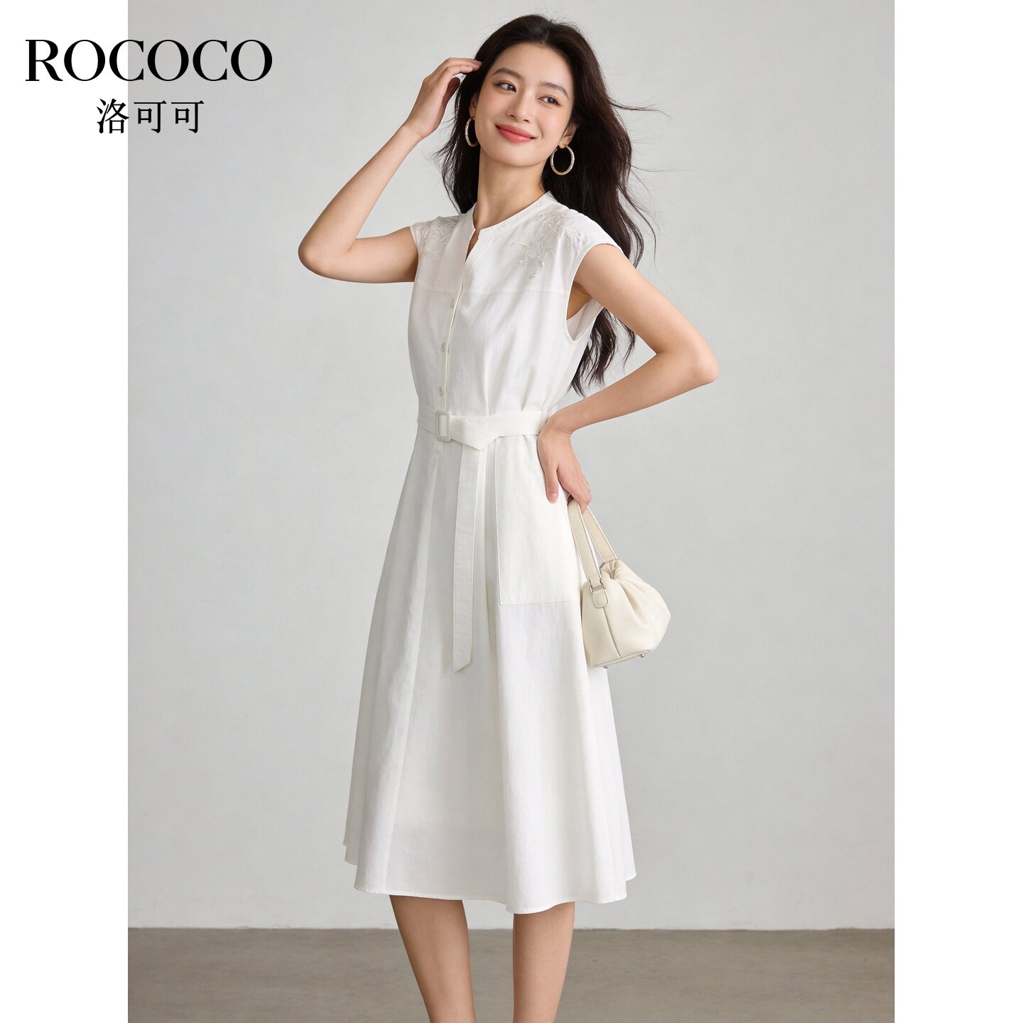 ROCOCO/洛可可蓝色休闲减龄无袖连衣裙女夏收腰显瘦刺绣长裙