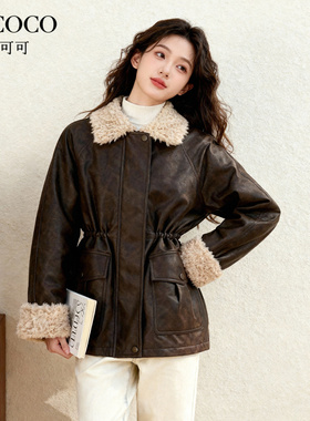 ROCOCO/洛可可毛绒领收腰PU皮外套女2025秋冬新款复古港风夹克