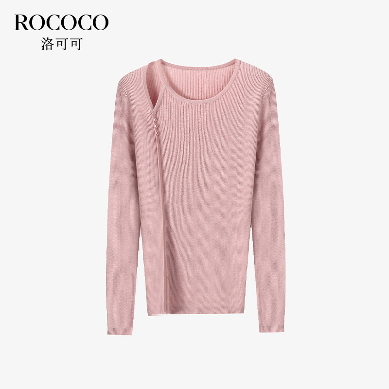 ROCOCO/洛可可桑蚕丝圆领不规则针织衫秋季气质镂空山羊绒上衣女