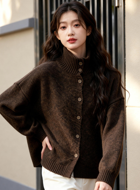 ROCOCO/洛可可羊毛半高领针织开衫女单排扣宽松休闲百搭秋冬外套